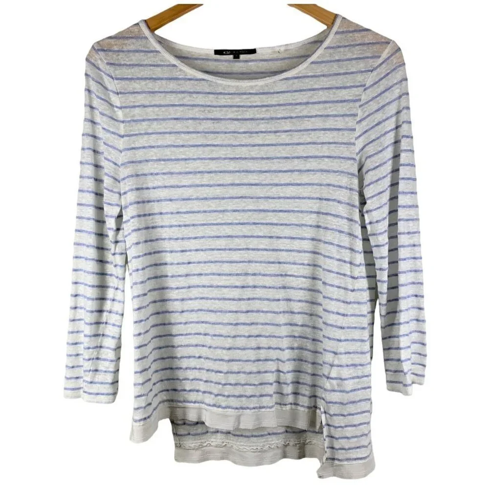 KOBI HALPERIN White and Blue Striped Linen Blend Knit Top Size Small Sweater